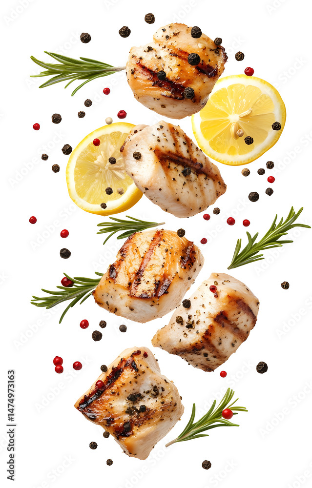 fresh grilled chicken cubes, flying with lemon slices, rosemary sprigs, black and pink peppercorns, isolated on white background