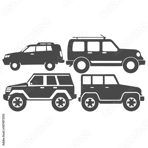 Vector illustration set of transportation vehicles including car, truck, and van silhouettes design
