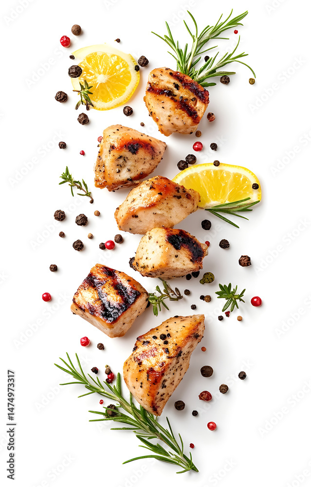 fresh grilled chicken cubes, flying with lemon slices, rosemary sprigs, black and pink peppercorns, isolated on white background