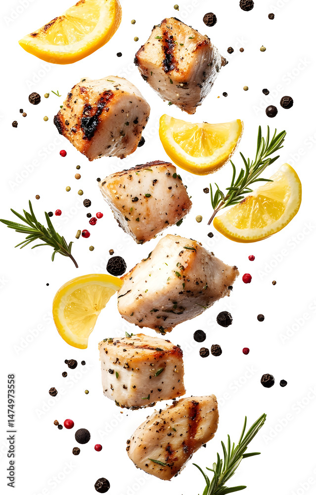 fresh grilled chicken cubes, flying with lemon slices, rosemary sprigs, black and pink peppercorns, isolated on white background