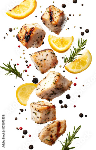 Obraz na płótnie fresh grilled chicken cubes, flying with lemon slices, rosemary sprigs, black and pink peppercorns, isolated on white background w salonie