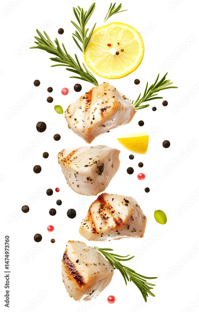 fresh grilled chicken cubes, flying with lemon slices, rosemary sprigs, black and pink peppercorns, isolated on white background