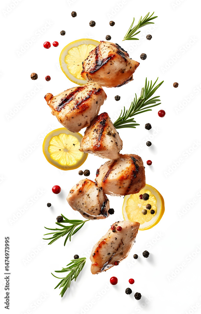 fresh grilled chicken cubes, flying with lemon slices, rosemary sprigs, black and pink peppercorns, isolated on white background