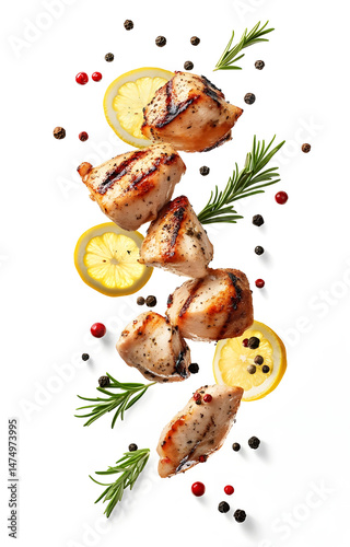 Obraz na płótnie fresh grilled chicken cubes, flying with lemon slices, rosemary sprigs, black and pink peppercorns, isolated on white background w salonie