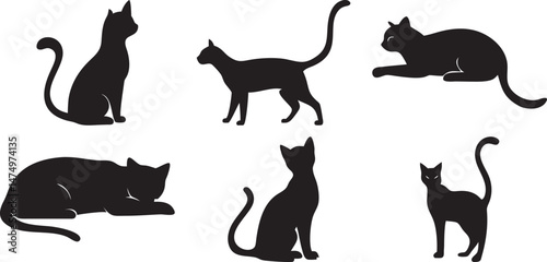 A collection of six distinct black cat silhouettes showcases different poses, creating a versatile set for various design and artistic applications elegantly.