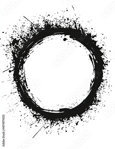 Circular frame with grunge texture.  A black ink circle with splatter effect around it, leaving a clean white center