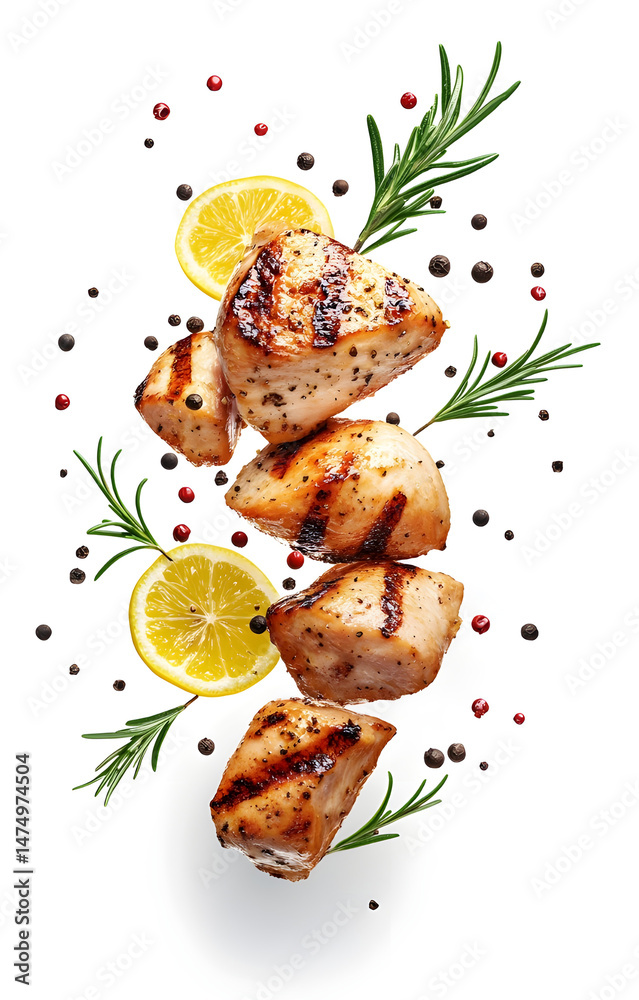 fresh grilled chicken cubes, flying with lemon slices, rosemary sprigs, black and pink peppercorns, isolated on white background
