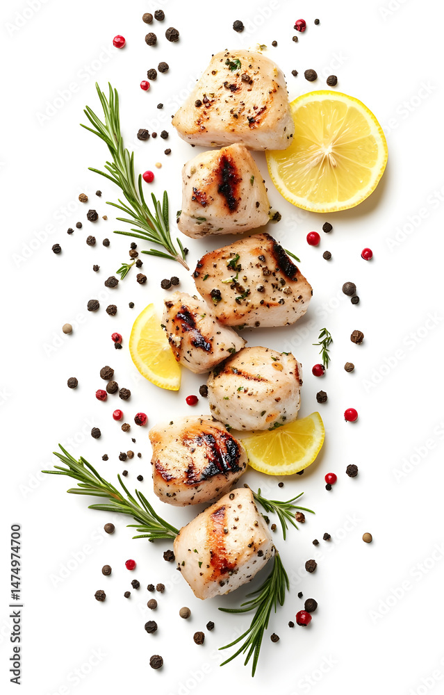 fresh grilled chicken cubes, flying with lemon slices, rosemary sprigs, black and pink peppercorns, isolated on white background