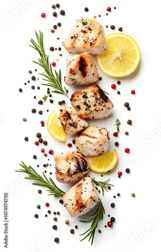 Obraz na płótnie fresh grilled chicken cubes, flying with lemon slices, rosemary sprigs, black and pink peppercorns, isolated on white background w salonie