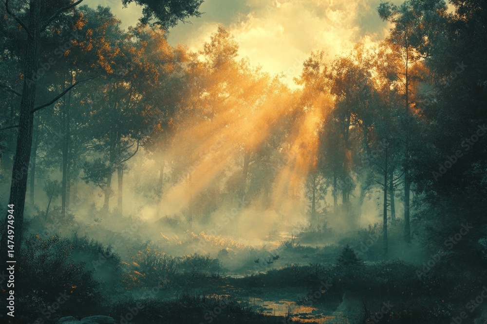 Fototapeta premium Sunbeams pierce misty forest