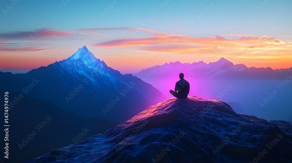 Fototapeta premium Solitary Figure Contemplating a Glowing Mountain Range at Dusk