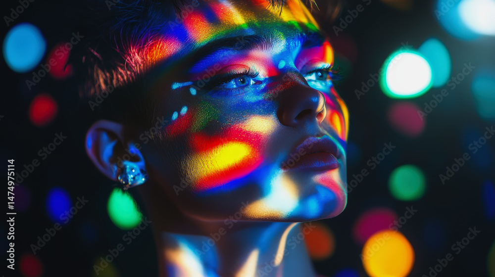 © Leonid - Artistic portrait of a person with short hair looking upwards. Their face is illuminated by projected rainbow light patterns and subtle glitter accents. A diamond stud earring is visible. Colorful bok © Leonid - Artistic portrait of a person with short hair looking upwards. Their face is illuminated by projected rainbow light patterns and subtle glitter accents. A diamond stud earring is visible. Colorful bok