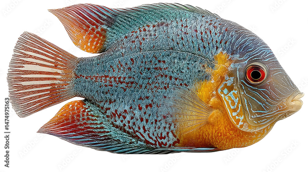 Fototapeta premium Aquatic Jewel: A captivating close-up portrait of a vibrant fish showcases its intricate patterns, radiant colors, and stunning beauty, inviting a deep appreciation for marine life.