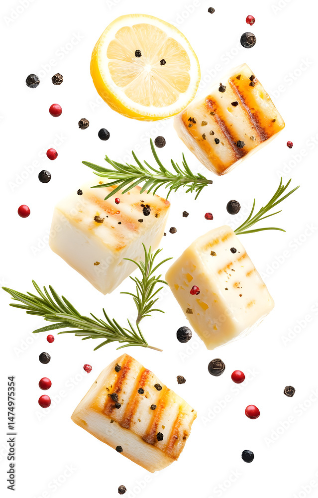 fresh grilled cheese cubes, flying with lemon slices, rosemary sprigs, black and pink peppercorns, isolated on white background