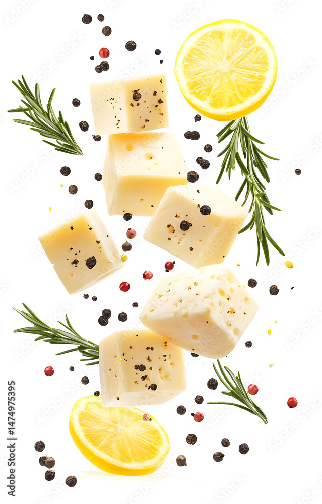 fresh grilled cheese cubes, flying with lemon slices, rosemary sprigs, black and pink peppercorns, isolated on white background