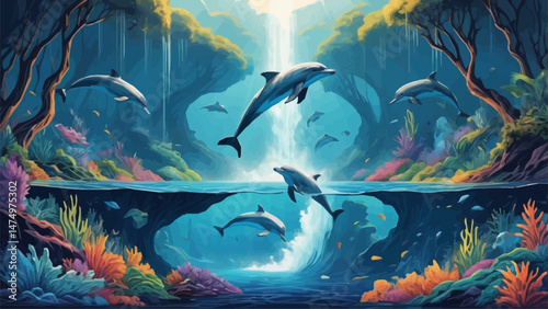 A pod of dolphins playing in crystal turquoise water. The sun's rays breaking through the waves create magical light effects, illuminate the underwater world. For marine themes, environmental projects