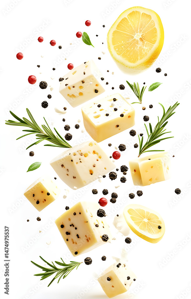 fresh grilled cheese cubes, flying with lemon slices, rosemary sprigs, black and pink peppercorns, isolated on white background