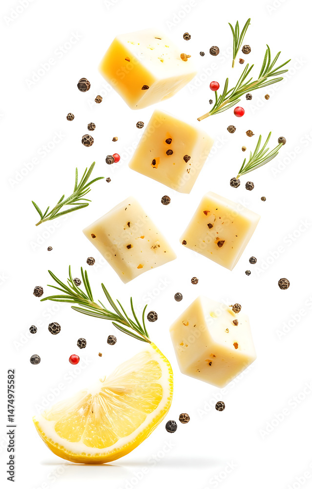 fresh grilled cheese cubes, flying with lemon slices, rosemary sprigs, black and pink peppercorns, isolated on white background