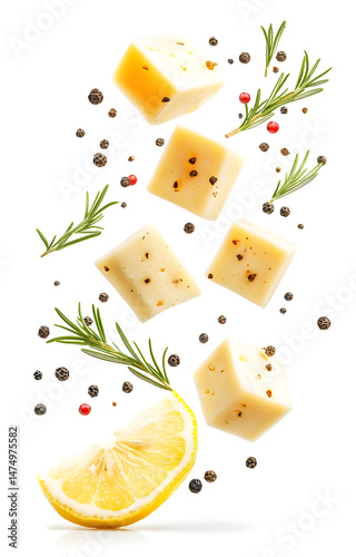 Obraz na płótnie fresh grilled cheese cubes, flying with lemon slices, rosemary sprigs, black and pink peppercorns, isolated on white background w salonie