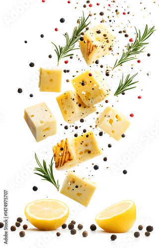 fresh grilled cheese cubes, flying with lemon slices, rosemary sprigs, black and pink peppercorns, isolated on white background