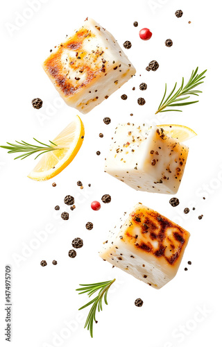 Obraz na płótnie fresh grilled cheese cubes, flying with lemon slices, rosemary sprigs, black and pink peppercorns, isolated on white background w salonie