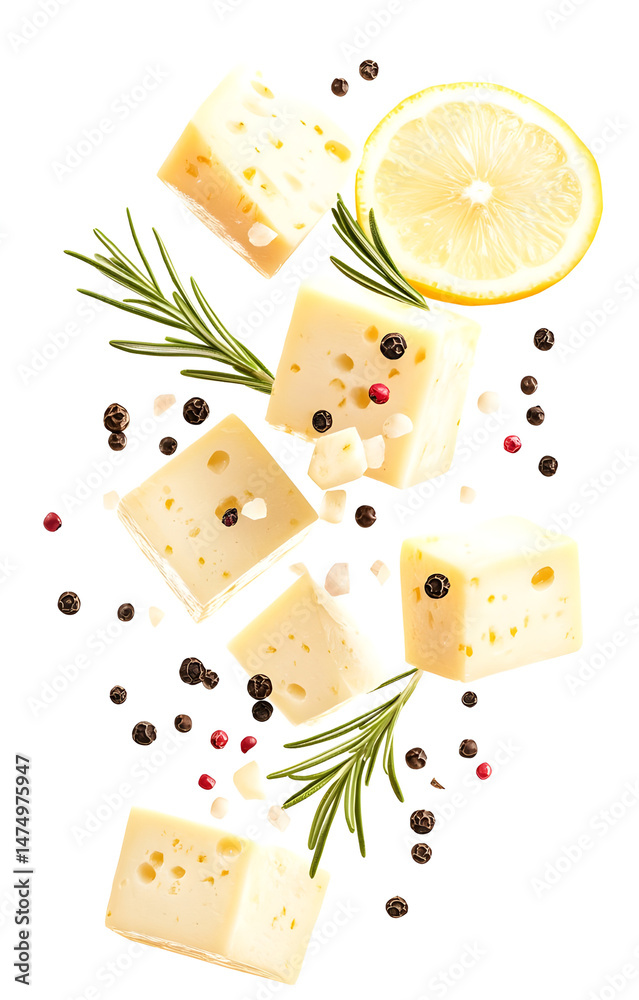 fresh grilled cheese cubes, flying with lemon slices, rosemary sprigs, black and pink peppercorns, isolated on white background