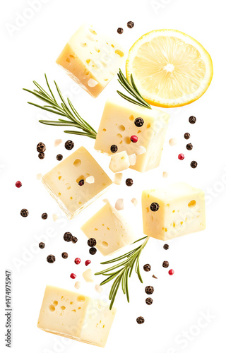 Obraz na płótnie fresh grilled cheese cubes, flying with lemon slices, rosemary sprigs, black and pink peppercorns, isolated on white background w salonie