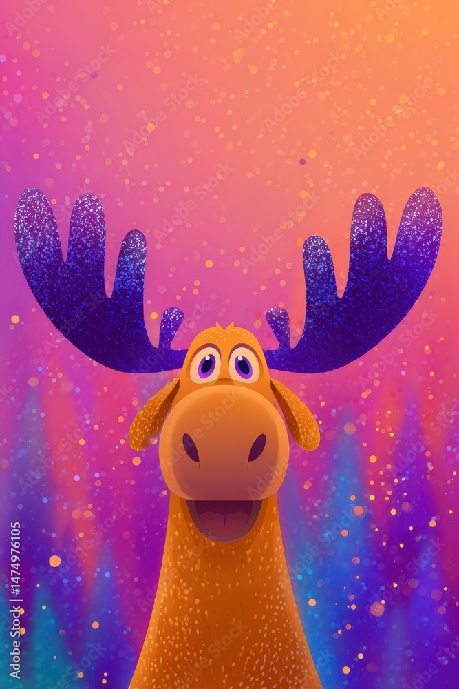 Fototapeta premium Playful Cartoon Moose with Glitter Antlers in Vibrant Pink and Blue Setting