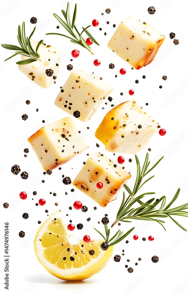 fresh grilled cheese cubes, flying with lemon slices, rosemary sprigs, black and pink peppercorns, isolated on white background