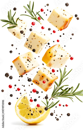 Obraz na płótnie fresh grilled cheese cubes, flying with lemon slices, rosemary sprigs, black and pink peppercorns, isolated on white background w salonie