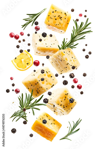 fresh grilled cheese cubes, flying with lemon slices, rosemary sprigs, black and pink peppercorns, isolated on white background