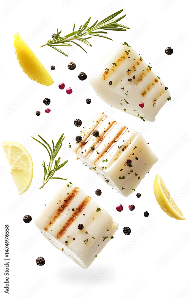 fresh grilled cheese cubes, flying with lemon slices, rosemary sprigs, black and pink peppercorns, isolated on white background
