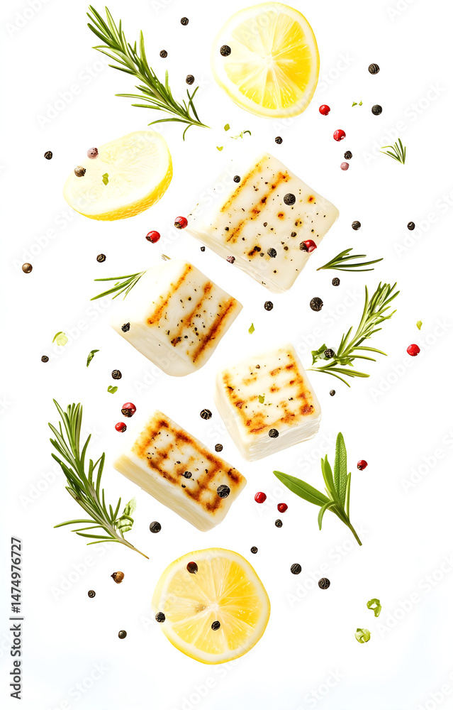 fresh grilled cheese cubes, flying with lemon slices, rosemary sprigs, black and pink peppercorns, isolated on white background