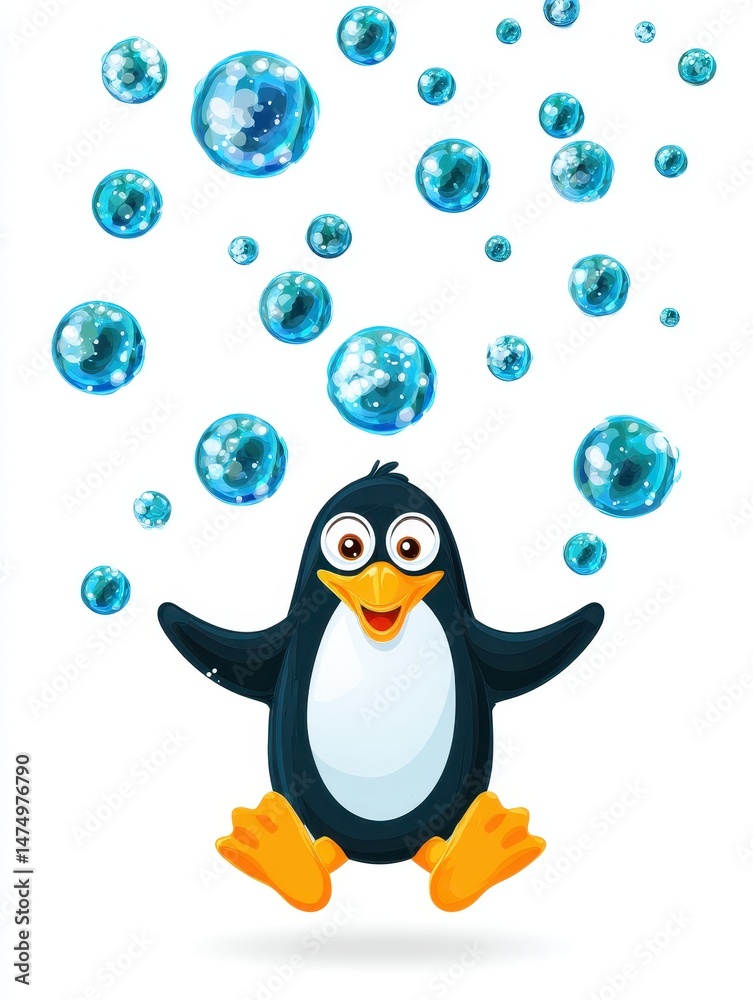 Fototapeta premium Playful Penguin with Light Blue Bubbles on White Background
