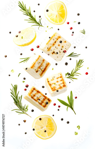 Obraz na płótnie fresh grilled cheese cubes, flying with lemon slices, rosemary sprigs, black and pink peppercorns, isolated on white background w salonie