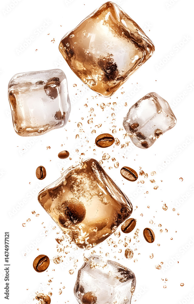 coffee ice cubes, flying with coffee grains, isolated on white background