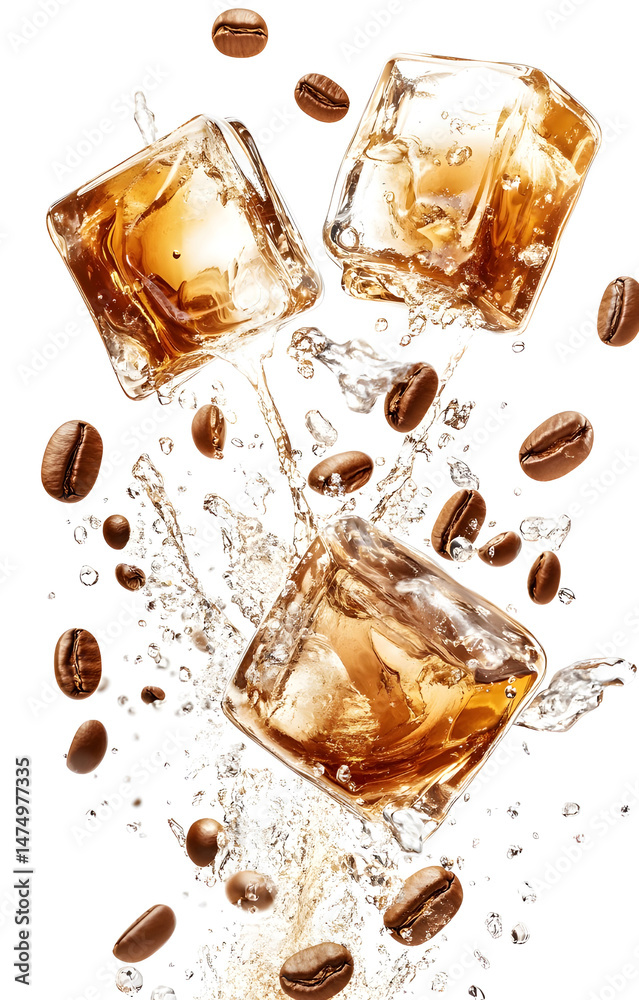 coffee ice cubes, flying with coffee grains, isolated on white background