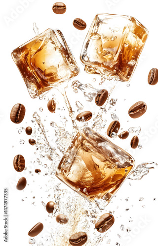 Obraz na płótnie coffee ice cubes, flying with coffee grains, isolated on white background w salonie