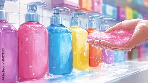 Colorful soap dispensers lined up on a wall with a hand pouring soap, creating a vibrant scene