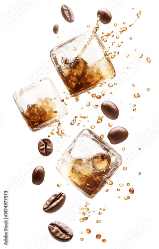 coffee ice cubes, flying with coffee grains, isolated on white background
