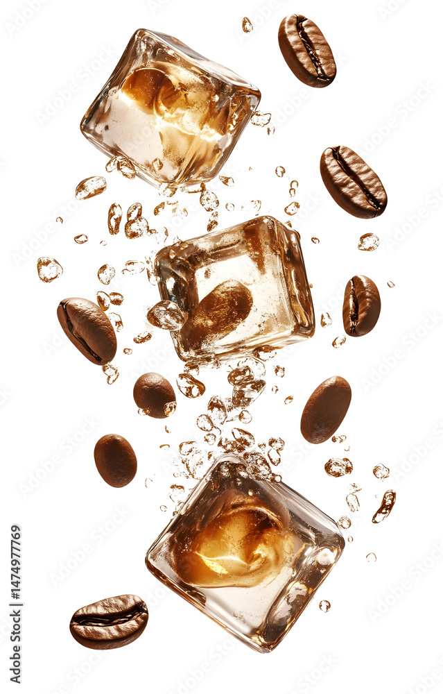 coffee ice cubes, flying with coffee grains, isolated on white background