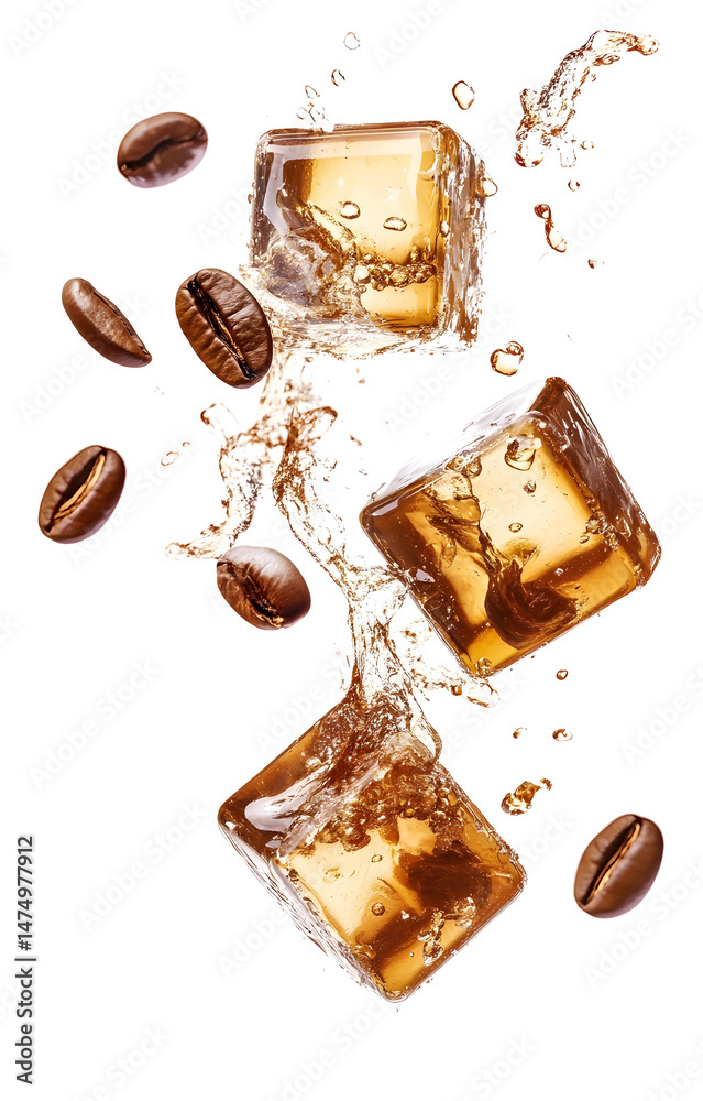 coffee ice cubes, flying with coffee grains, isolated on white background
