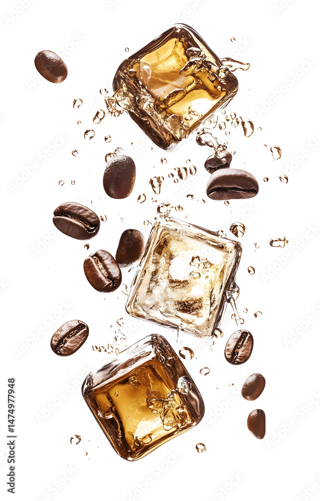 coffee ice cubes, flying with coffee grains, isolated on white background