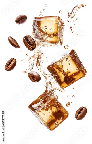 Obraz na płótnie coffee ice cubes, flying with coffee grains, isolated on white background w salonie