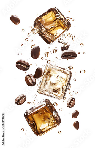 Obraz na płótnie coffee ice cubes, flying with coffee grains, isolated on white background w salonie