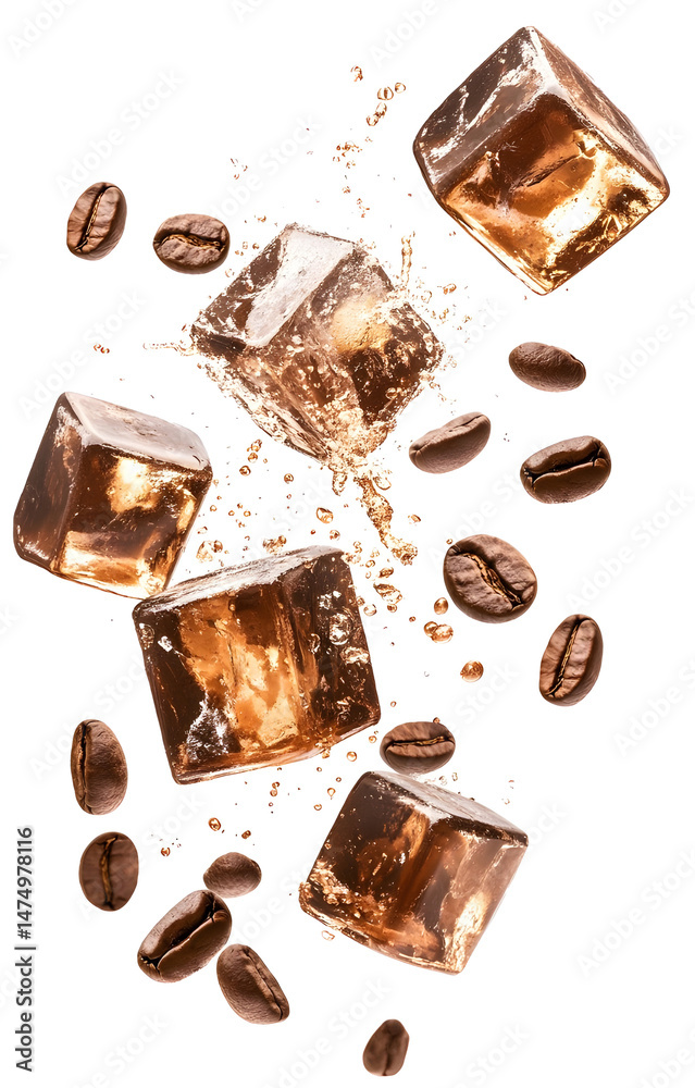coffee ice cubes, flying with coffee grains, isolated on white background