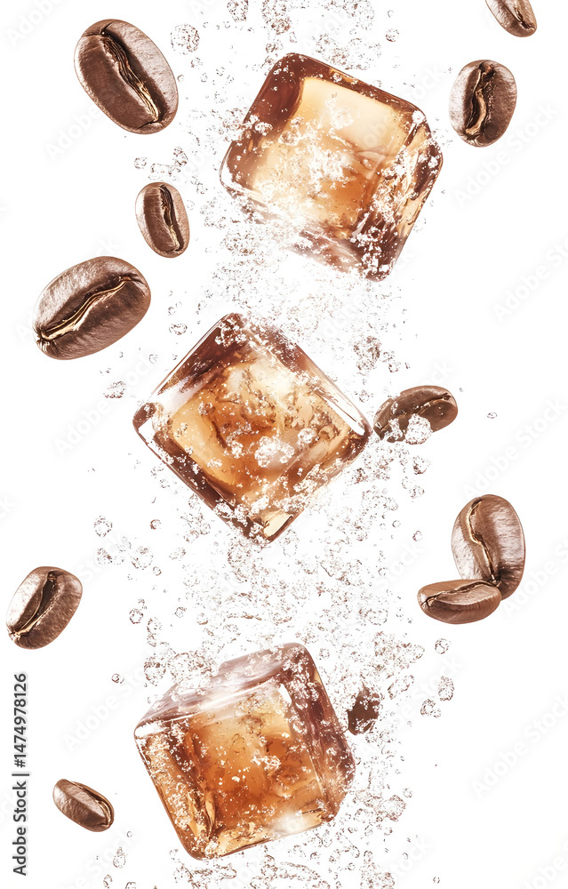 coffee ice cubes, flying with coffee grains, isolated on white background