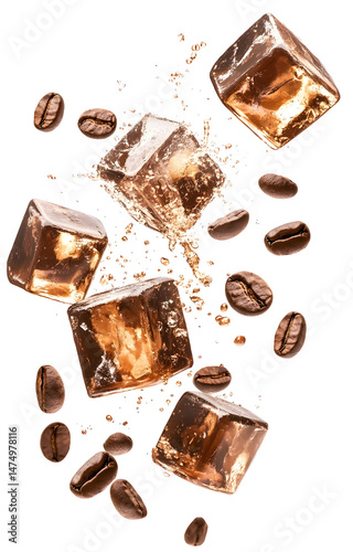 Obraz na płótnie coffee ice cubes, flying with coffee grains, isolated on white background w salonie