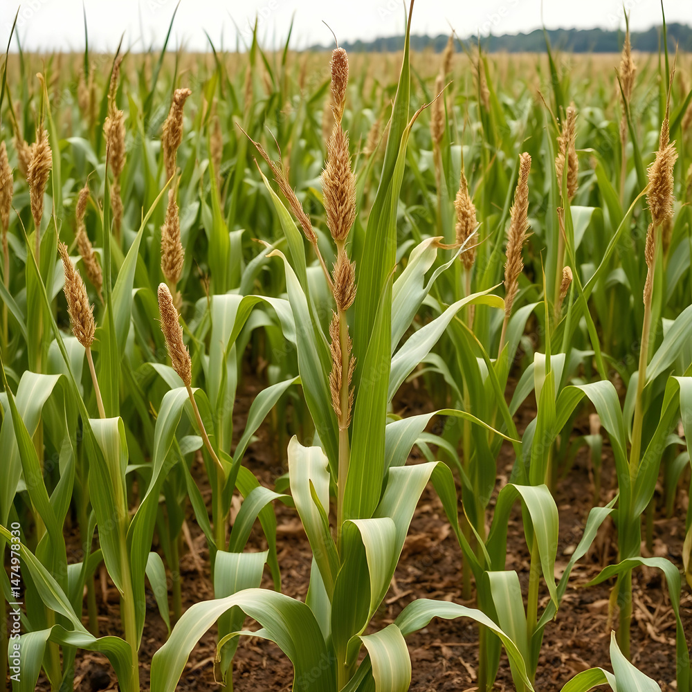 Fototapeta premium Front view of a corn field which plants have reached their maximum height