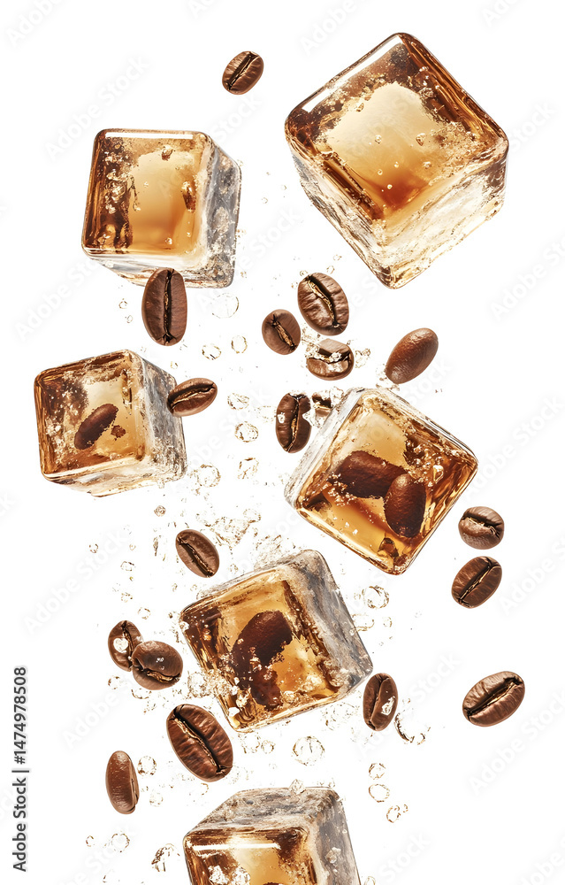 coffee ice cubes, flying with coffee grains, isolated on white background